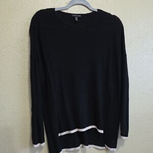 Eileen Fisher Black Long Sleeve Sweater‎ Blouse with White Trim XS Petite Linen